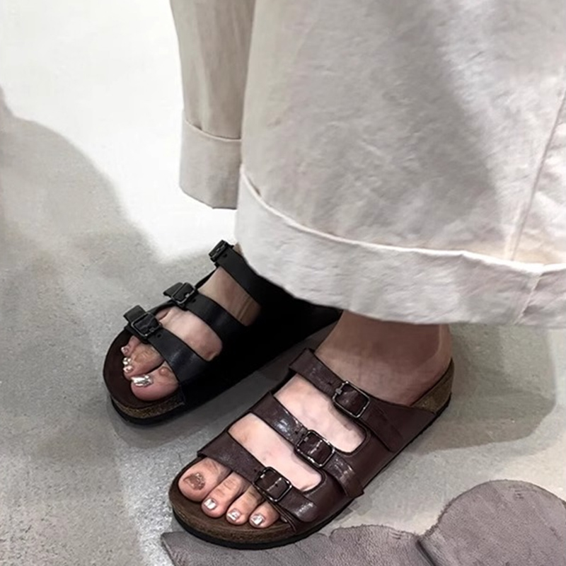Cork Wedge Sandal - Women's Vintage Triple Buckle Strap Slides