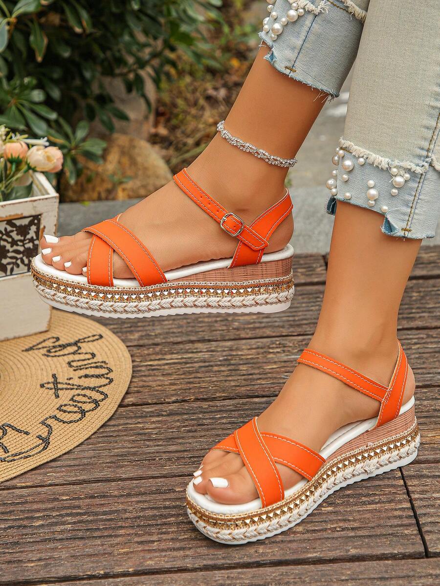 Orange Rivet Decor Ankle Strap - Cork Wedge Sandal avaliação e preço