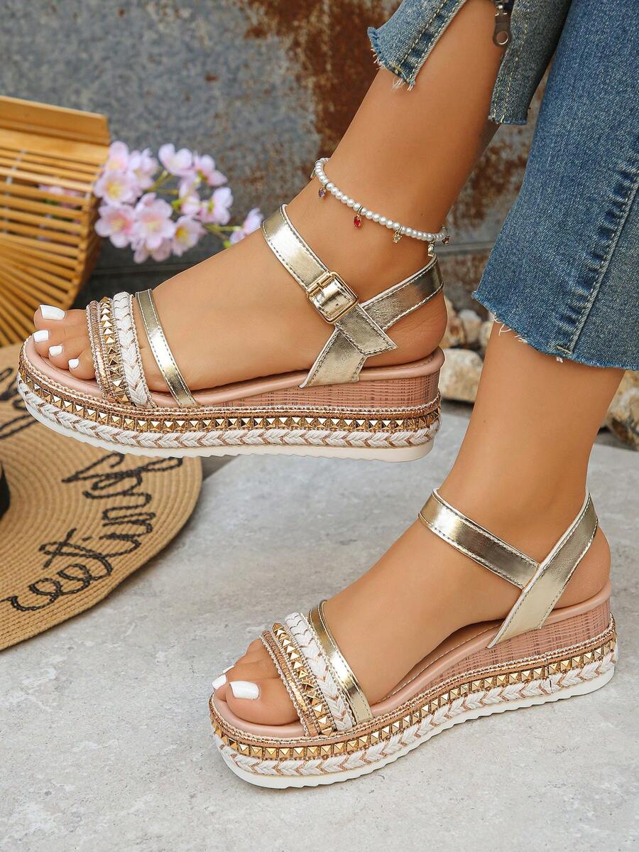 Orange Rivet Decor Ankle Strap - Cork Wedge Sandal avaliação e preço