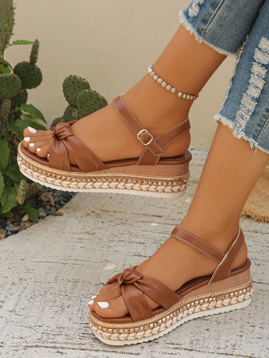 Orange Rivet Decor Ankle Strap - Cork Wedge Sandal avaliação e preço